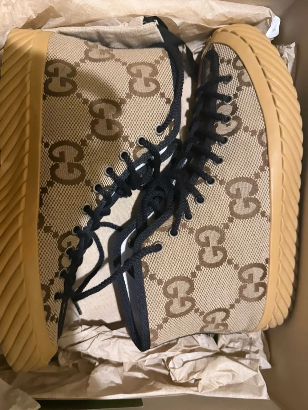 Gucci Beige Monogram High-Top Sneakers with Black Trim